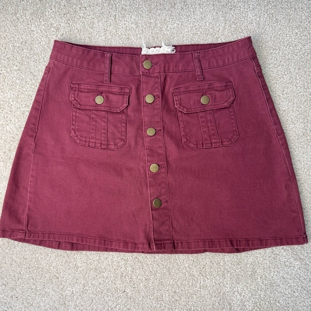 Altar’d State Burgundy Miniskirt Cotton Blend Front Patch Pockets Stretch Large